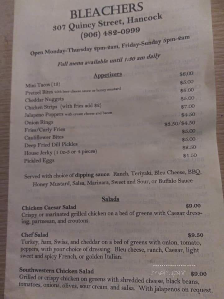 Bleachers Sports Bar - Hancock, MI menu_pic