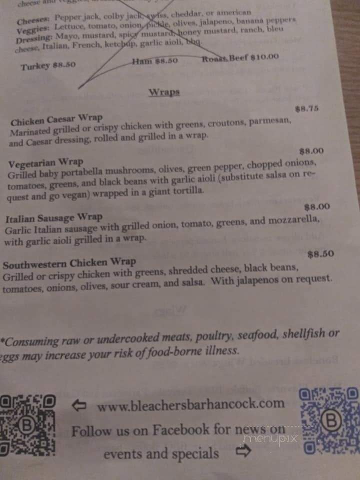 Bleachers Sports Bar - Hancock, MI menu_pic
