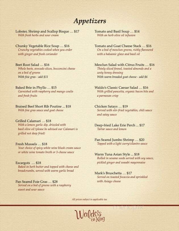 Waldo's On King Bistro & Wine Bar - London, ON menu_pic