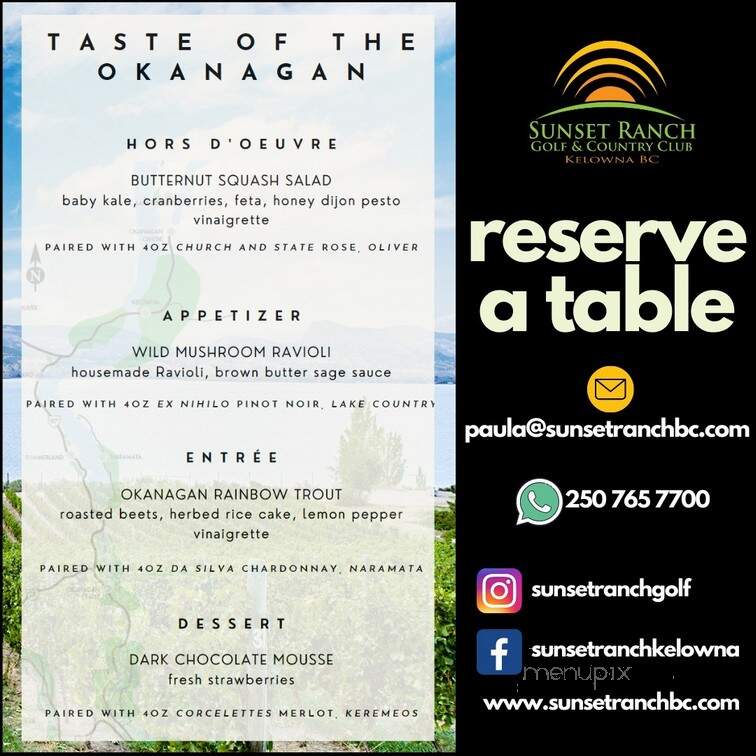Sunset Ranch Golf & Country Club - Kelowna, BC menu_pic
