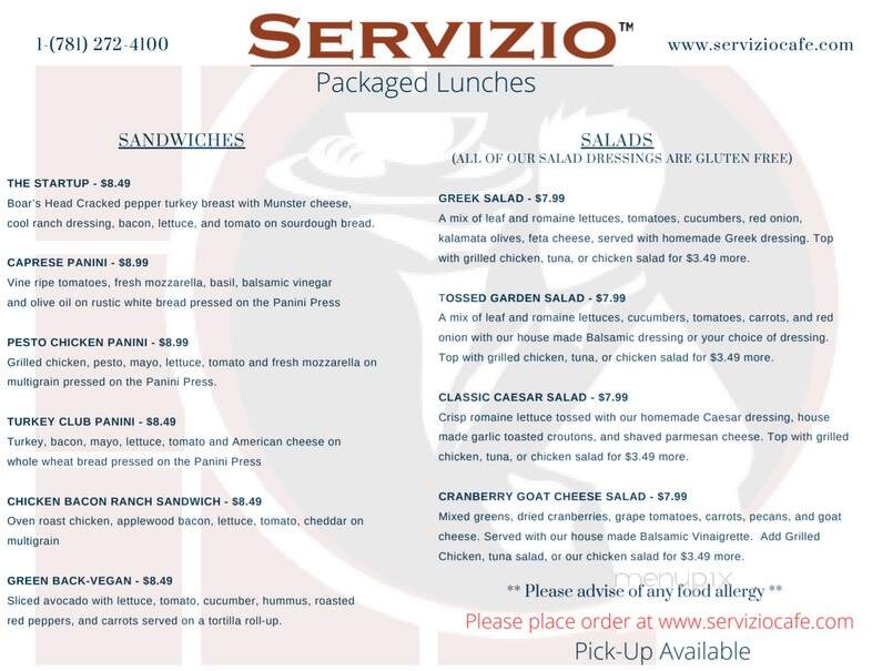 Servizio - Burlington, MA menu_pic