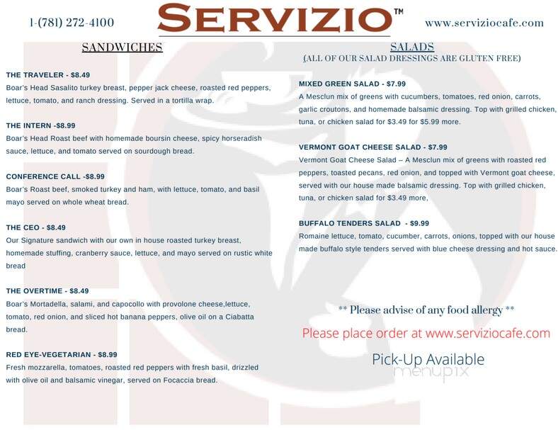 Servizio - Burlington, MA menu_pic
