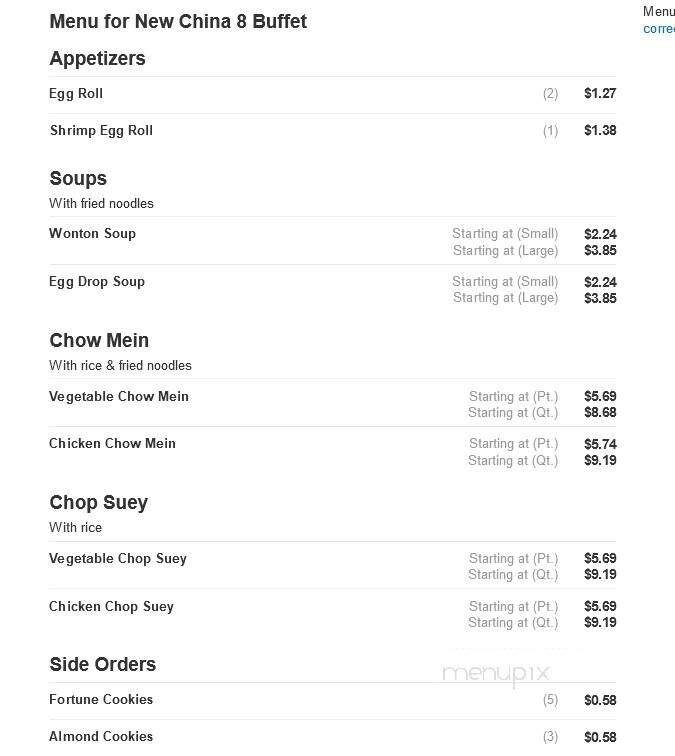 New China 8 Buffet - Sheboygan, WI menu_pic