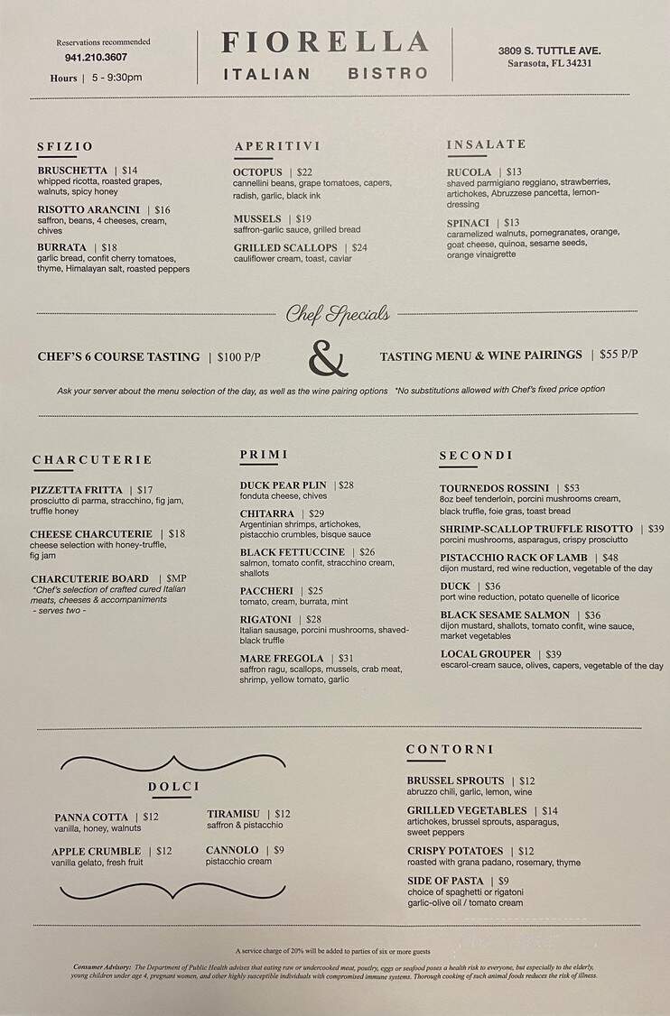 Fiorella Italian Restaurant - Sarasota, FL menu_pic