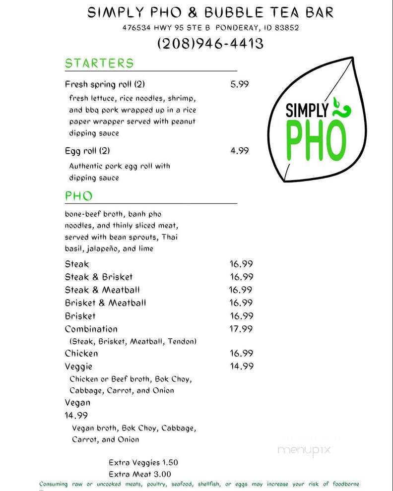 Simply Pho and Bubble Tea Bar - Ponderay, ID menu_pic