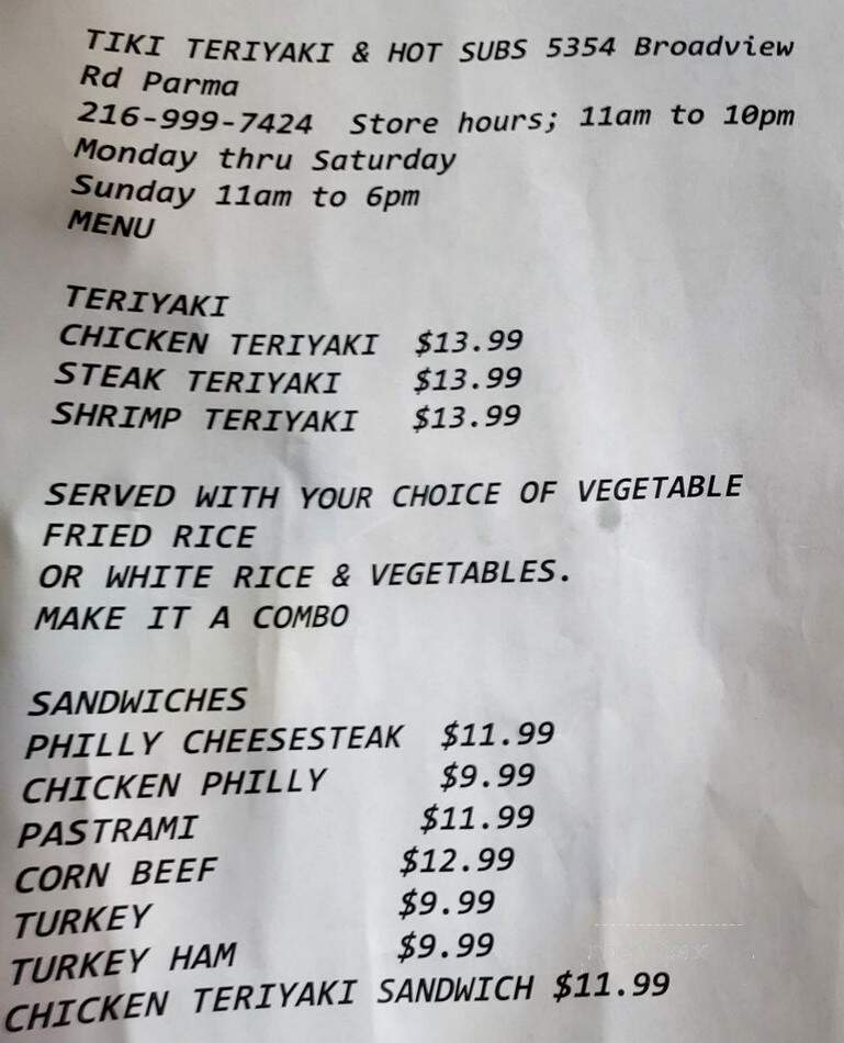 Tiki Teriyaki & Hot Subs - Parma, OH menu_pic