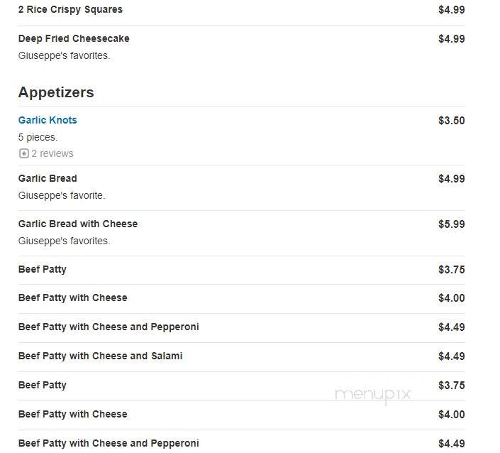 Giuseppes Pizzeria Deli - Watervliet, NY menu_pic