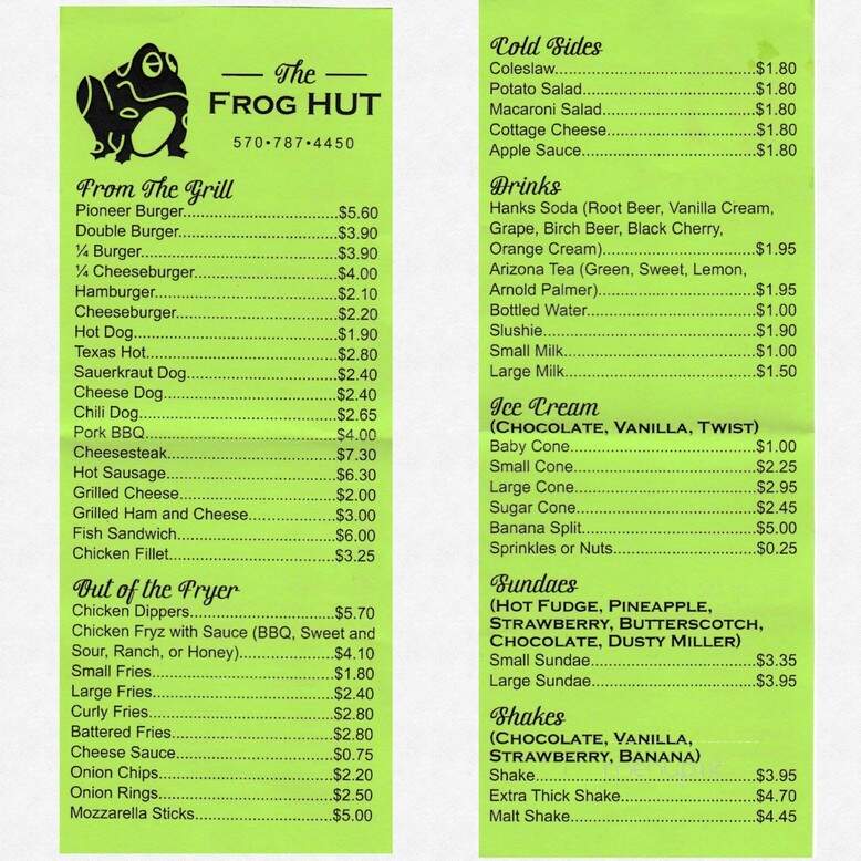 The Frog Hut - Wellsboro, PA menu_pic
