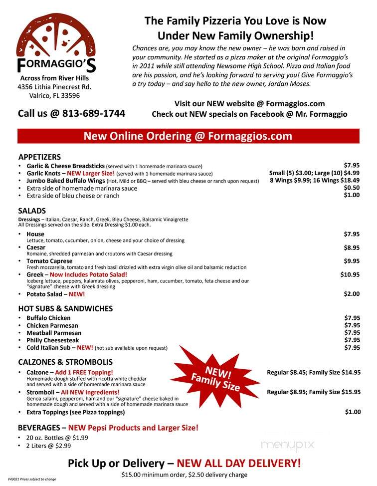 Formaggio's at River Hills - Valrico, FL menu_pic