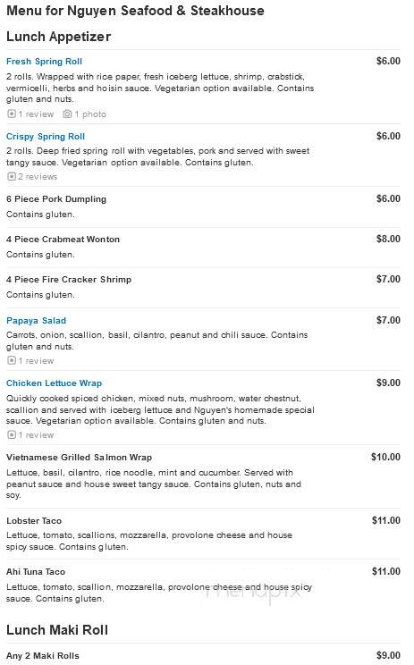 Nguyen Seafood Steakhouse - Uniontown, PA menu_pic