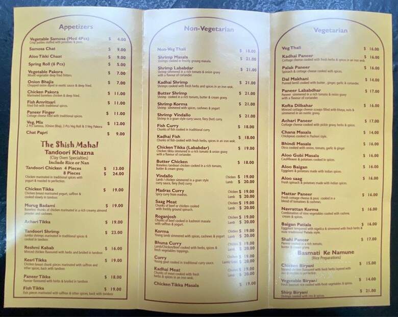 Shish Mahal Indian Cuisine Inc - Mississauga, ON menu_pic