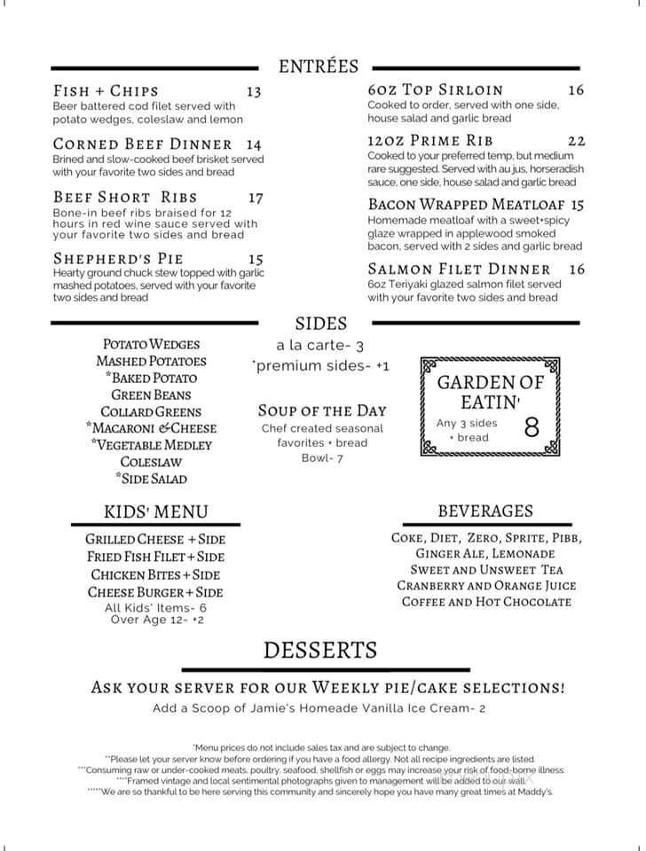 Fitzpatrick Hotel - Washington, GA menu_pic