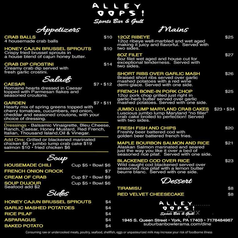 Alley Oops Sports Bar & Grill - York, PA menu_pic