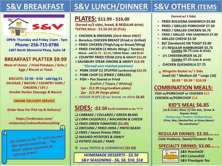 S&V Down Home Cooking Restaurant - Huntsville, AL menu_pic