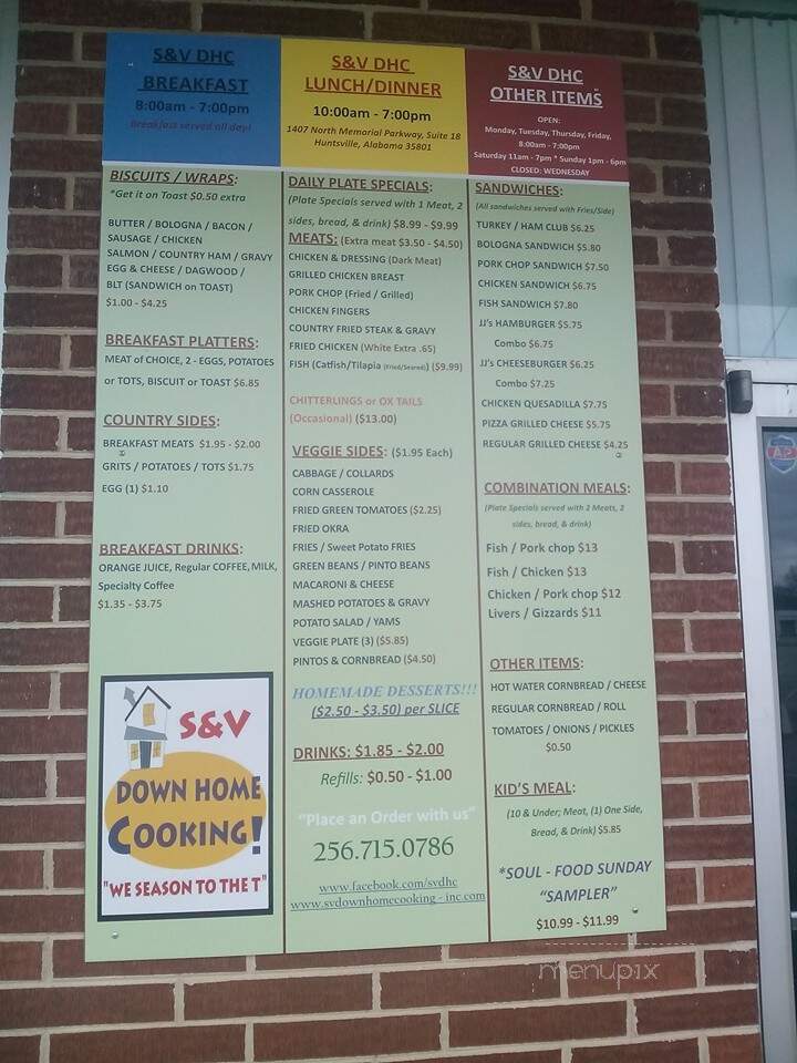 S&V Down Home Cooking Restaurant - Huntsville, AL menu_pic