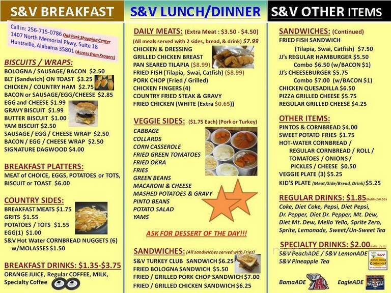 S&V Down Home Cooking Restaurant - Huntsville, AL menu_pic