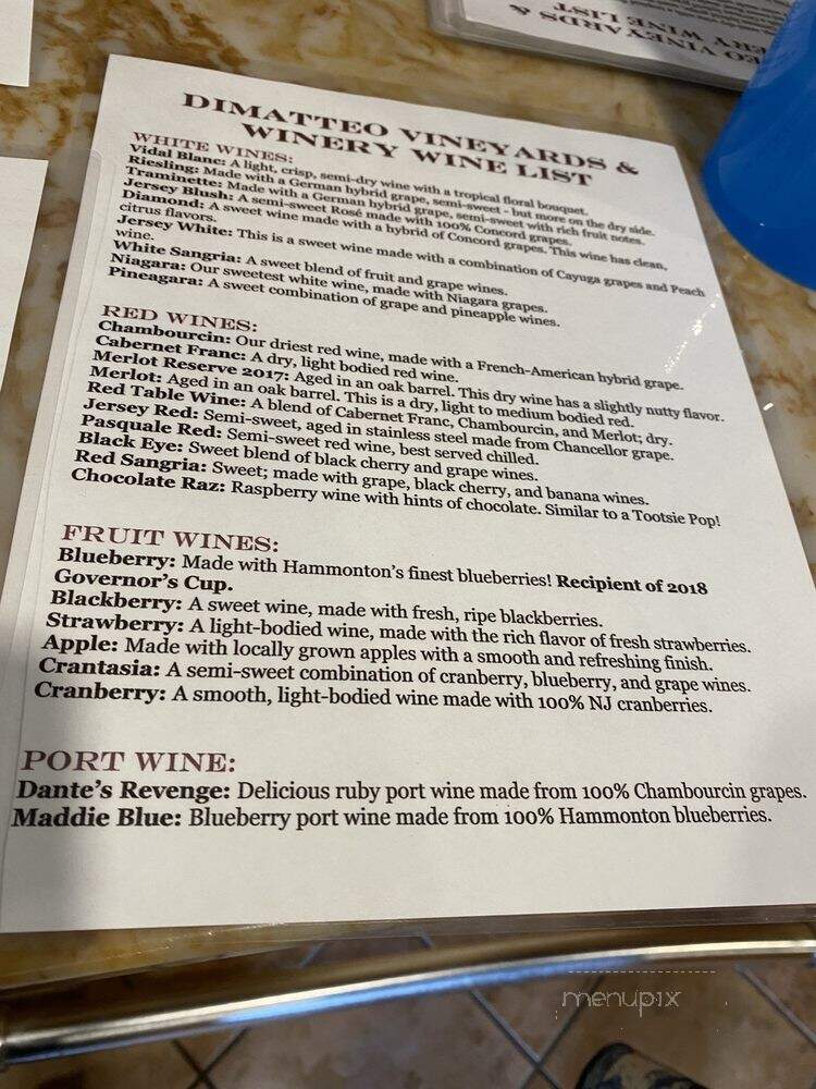 Dimatteo Vineyards - Hammonton, NJ menu_pic