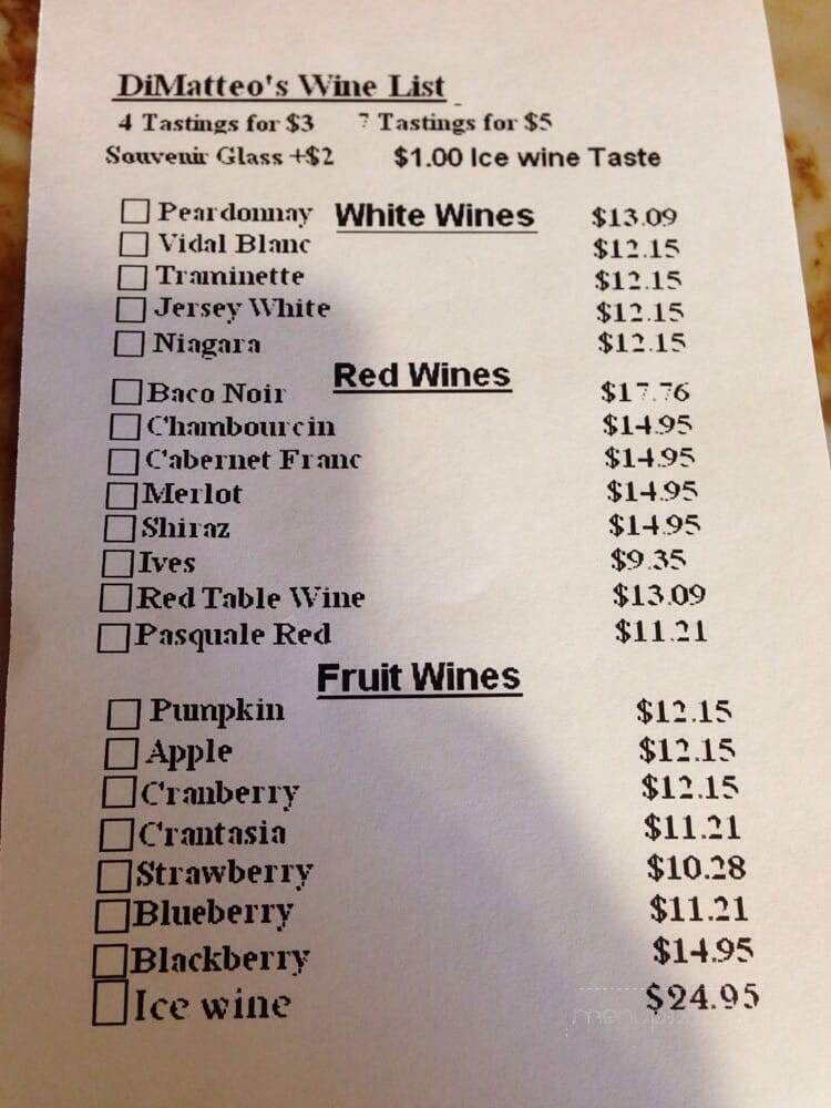 Dimatteo Vineyards - Hammonton, NJ menu_pic