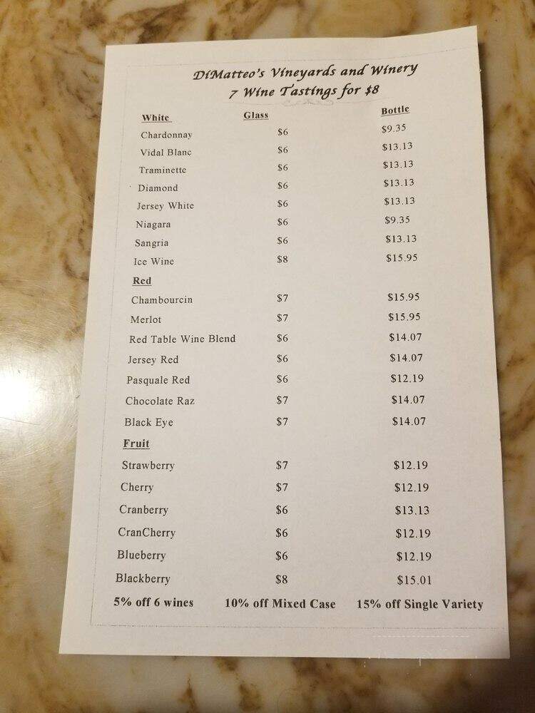 Dimatteo Vineyards - Hammonton, NJ menu_pic