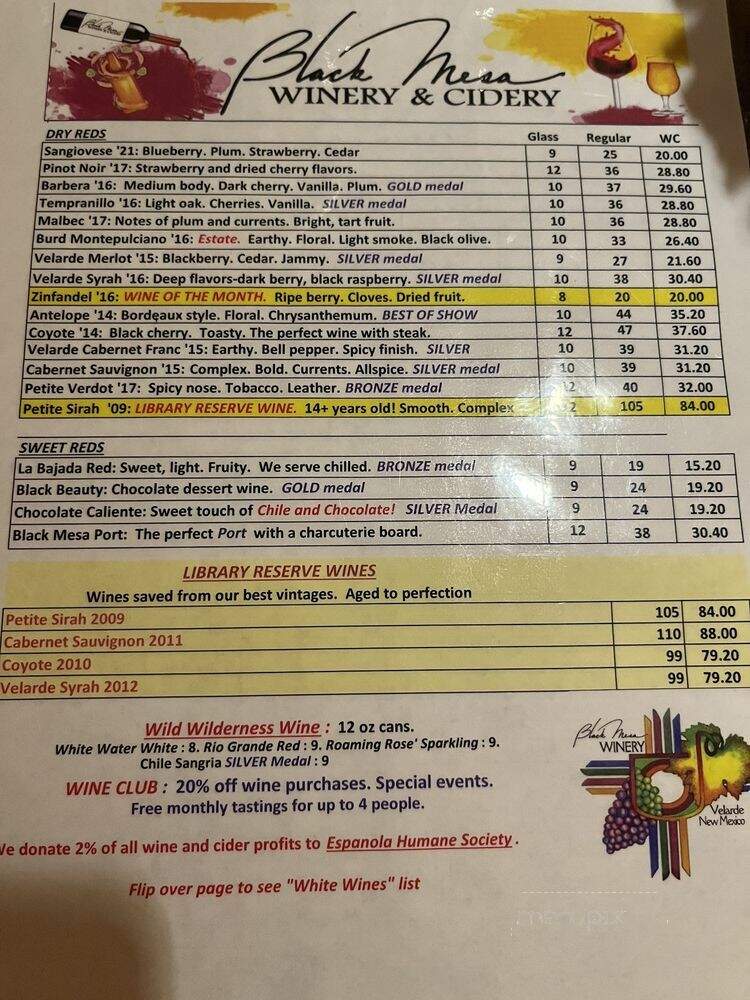 Black Mesa Winery - Velarde, NM menu_pic