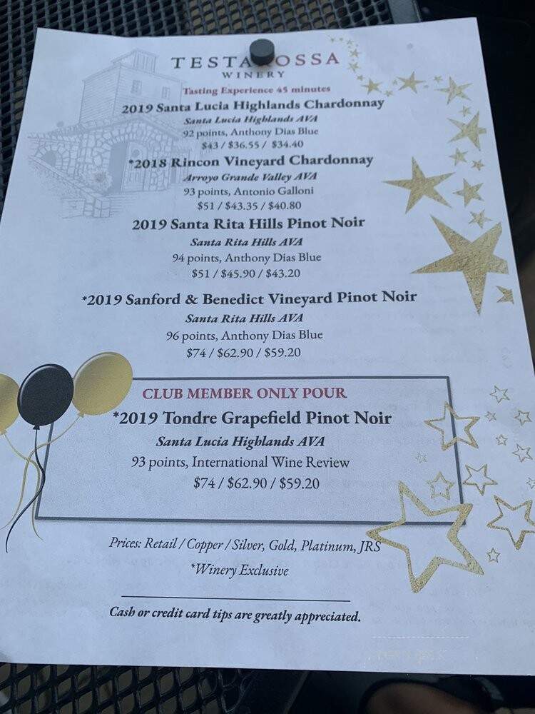 Testarossa Winery - Los Gatos, CA menu_pic