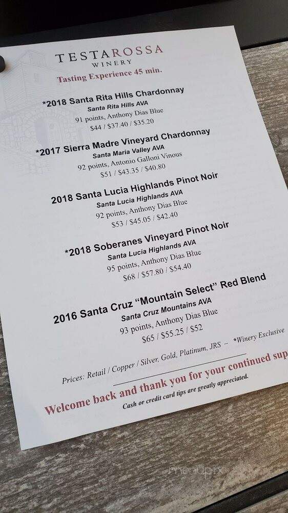 Testarossa Winery - Los Gatos, CA menu_pic