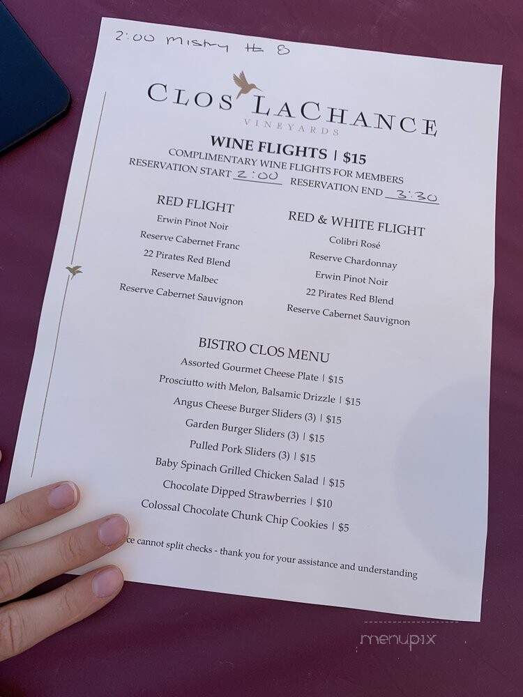 Clos LaChance Winery - San Martin, CA menu_pic