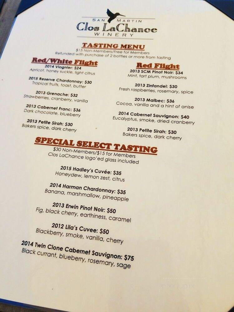 Clos LaChance Winery - San Martin, CA menu_pic