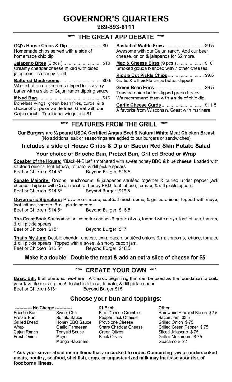 Governor's Quarters - Bay City, MI menu_pic