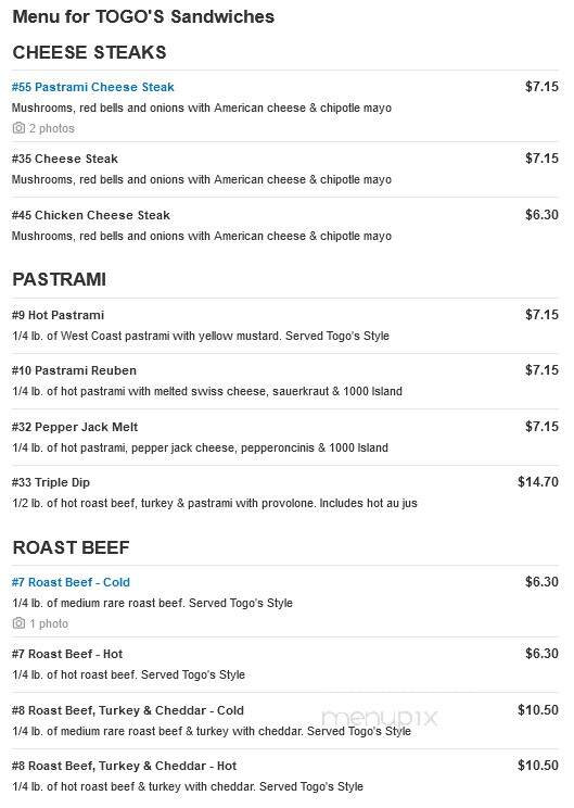 Togo's - Cameron Park, CA menu_pic