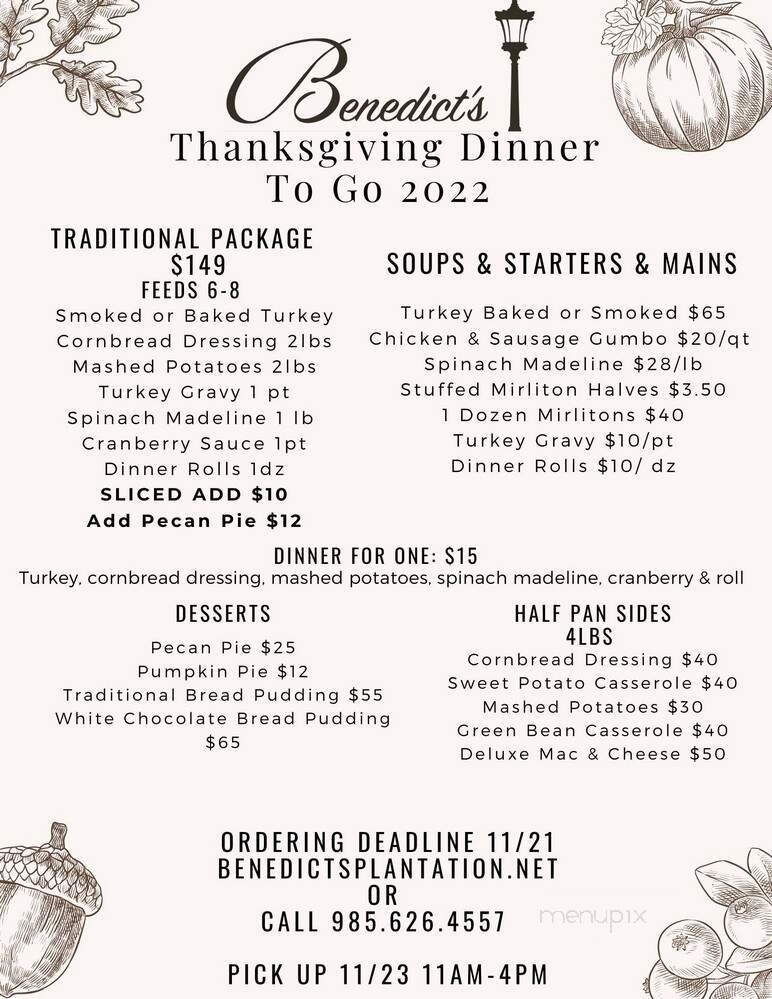 Benedict's Plantation - Mandeville, LA menu_pic