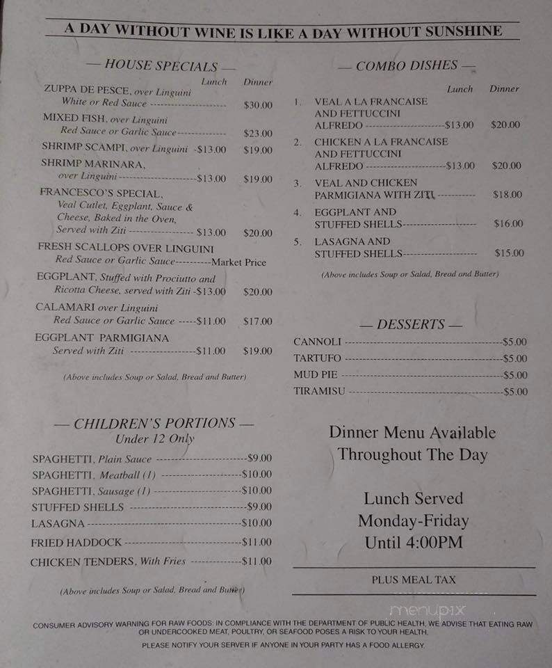 Francesco's Italian Restaurant - Brimfield, MA menu_pic