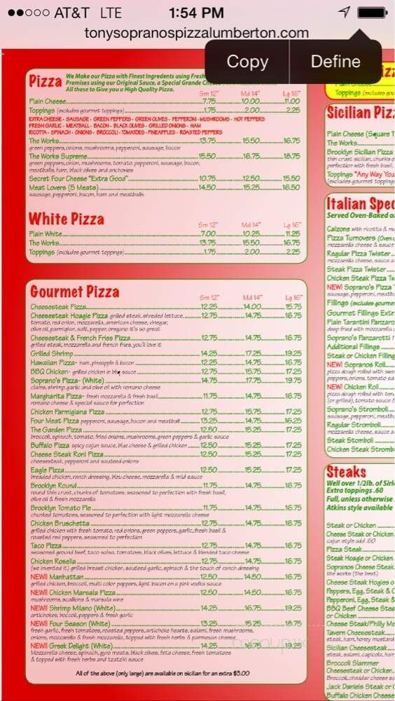 Tony Soprano's Pizza - Lumberton, NJ menu_pic