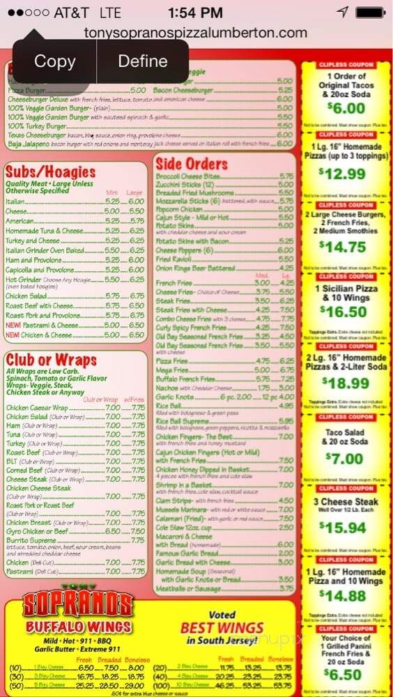 Tony Soprano's Pizza - Lumberton, NJ menu_pic