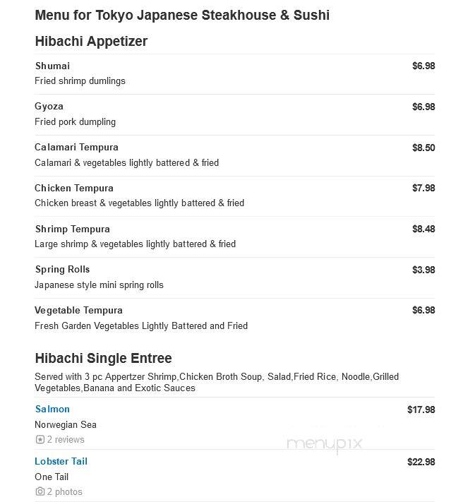 Tokyo Japanese Steakhouse - Winston Salem, NC menu_pic