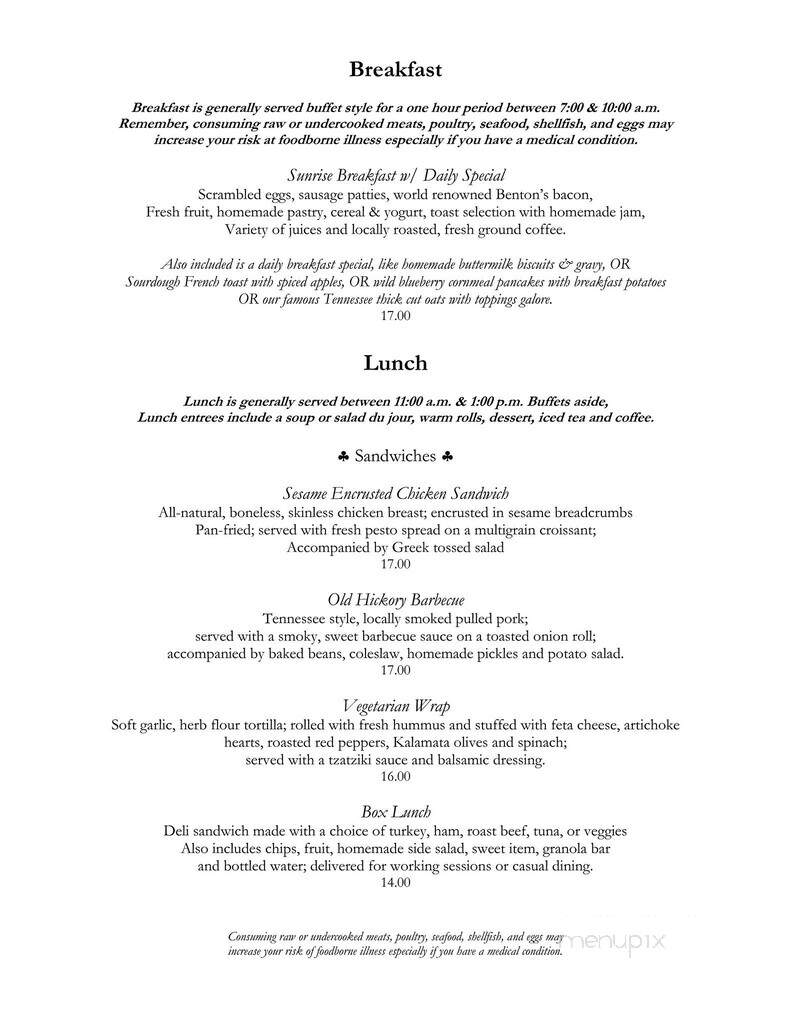 Evins Mill Retreat - Smithville, TN menu_pic