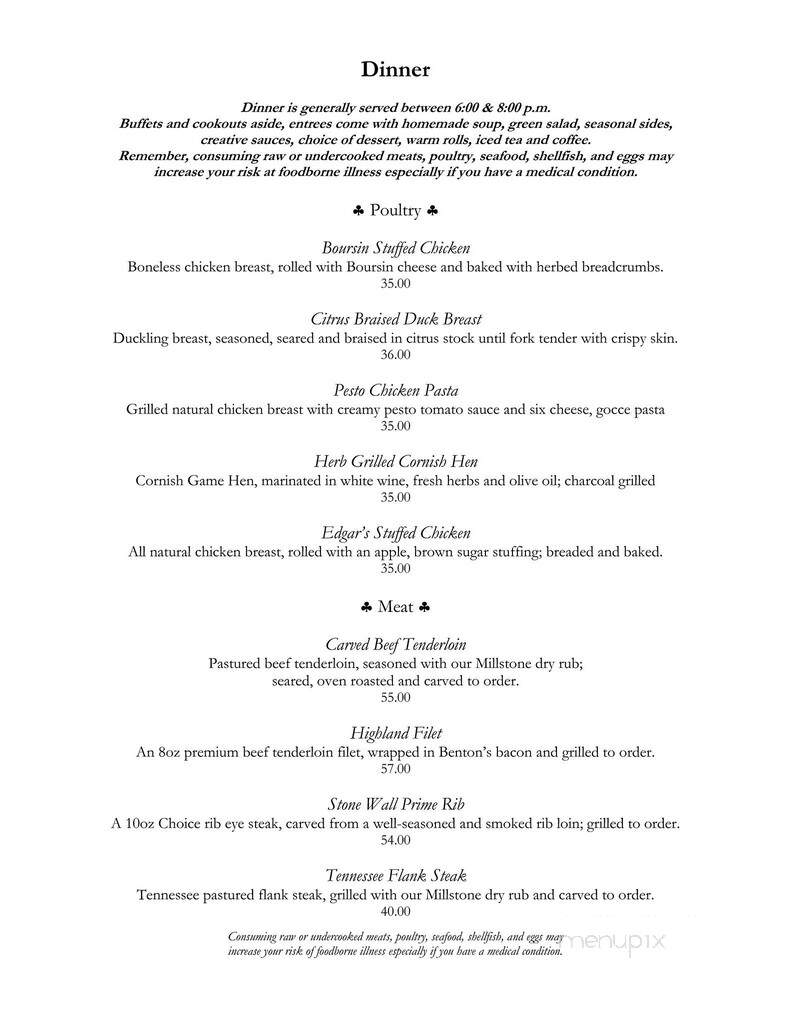 Evins Mill Retreat - Smithville, TN menu_pic