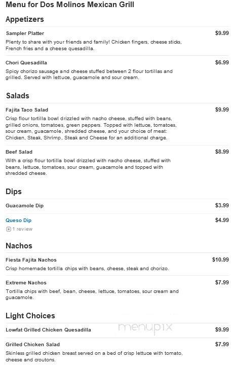 Dos Molinos Mexican Grill - Kokomo, IN menu_pic