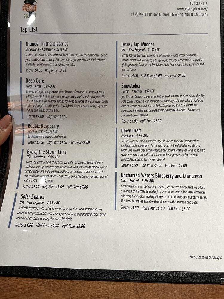 Jersey Cyclone Brewery - Somerset, NJ menu_pic