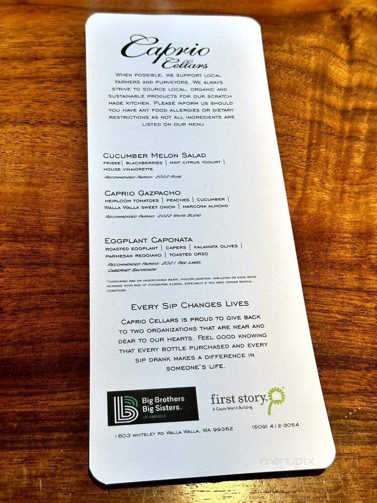 Caprio Cellars - Walla Walla, WA menu_pic