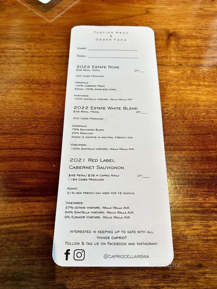 Caprio Cellars - Walla Walla, WA menu_pic