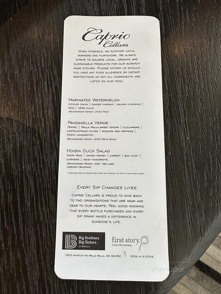 Caprio Cellars - Walla Walla, WA menu_pic