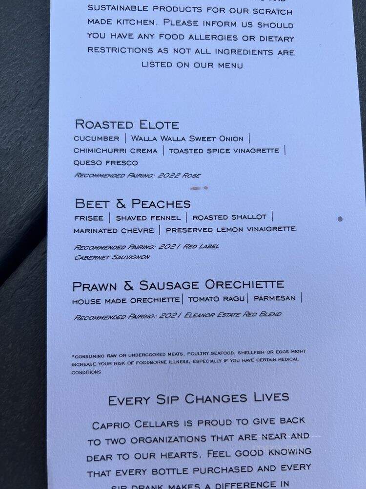 Caprio Cellars - Walla Walla, WA menu_pic