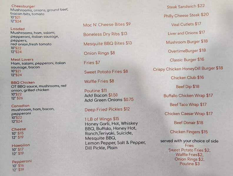 Overtime Pub - Oyen, AB menu_pic