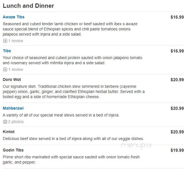 Ibex Ethiopian Bar & Restaurant - Columbus, OH menu_pic