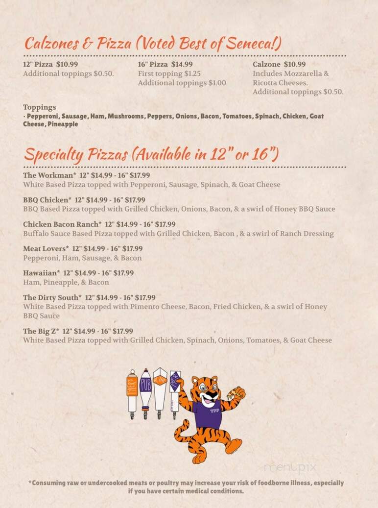 Tyler's Pub at the Pier - Seneca, SC menu_pic