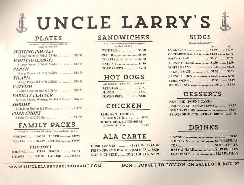 Uncle Larry's Restaurant - Chattanooga, TN menu_pic