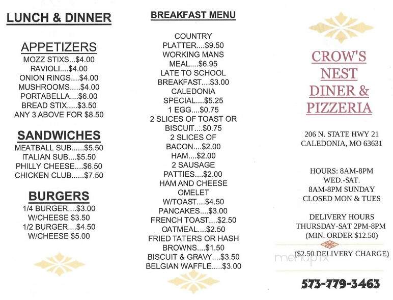 Crow's Nest Diner & Pizzeria - Caledonia, MO menu_pic