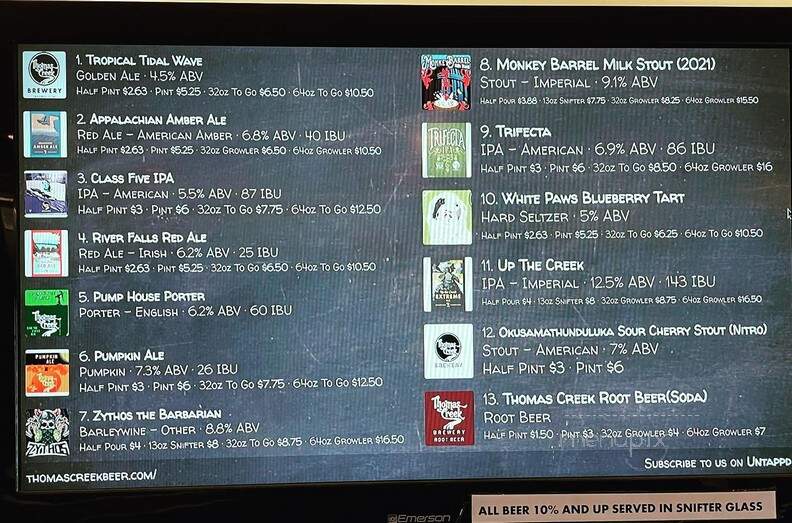 Thomas Creek Brewery - Greenville, SC menu_pic