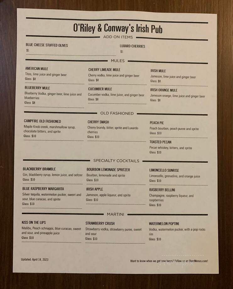 O'Riley and Conway's Irish Pub - Janesville, WI menu_pic